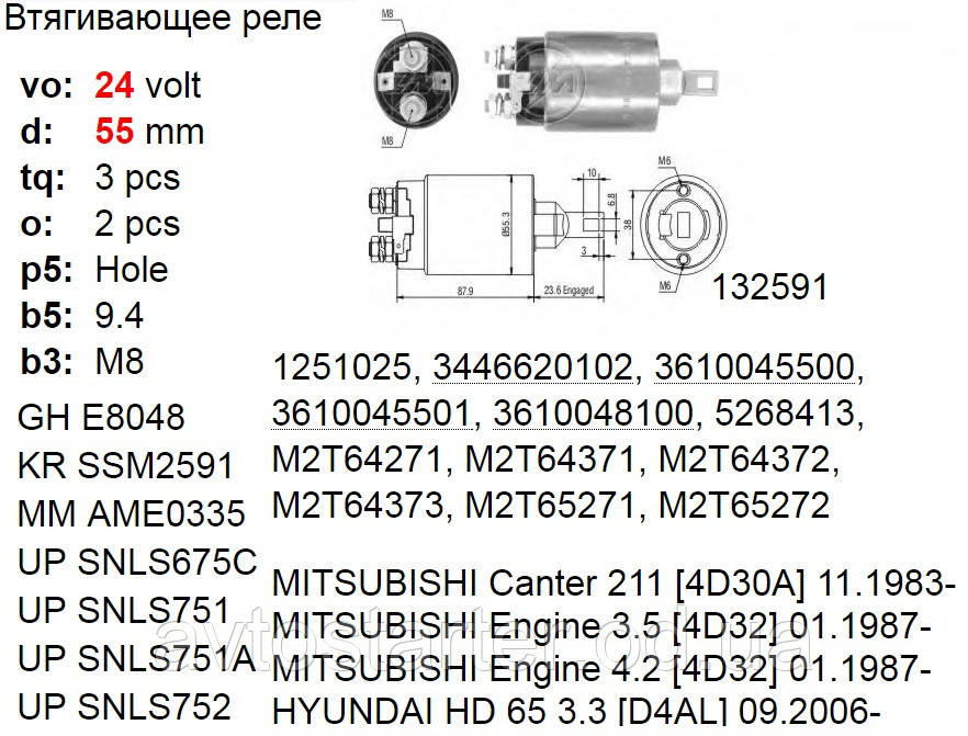 Втягивающее реле для стартера MITSUBISHI Canter 4D30 4D31T HYUNDAI COUNTY D4DA D4DB D4DC11 HD65 HD72 HD78 D4DA - фото 2 - id-p426917348