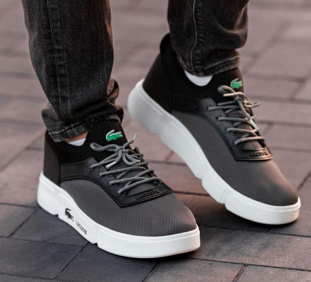 Чоловічі кросівки Lacoste Black Silver Кеди Лакоста чорні з сірим повсякденні сітка текстиль літні