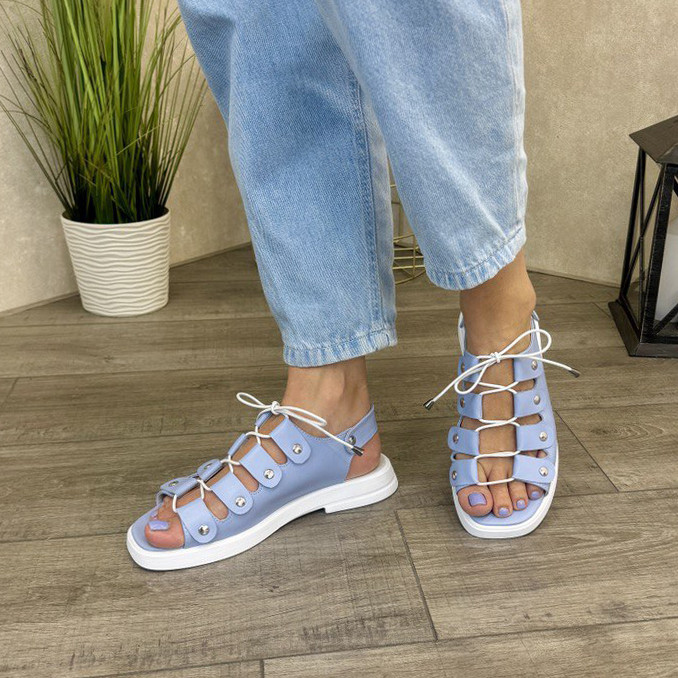 Босоніжки шкіряні жіночі на низькому ходу. Колір блакитний. 39 розмір, фото 1