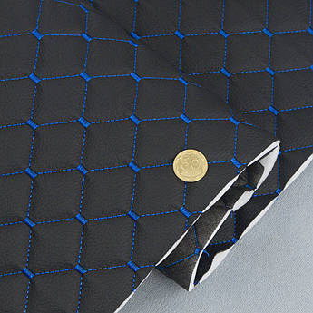 Стьобаний шкірозамінник Hercul "Ромб чорний" з синьою ниткою, на поролоні 7мм, флізеліні, шир.1,35м Туреччина