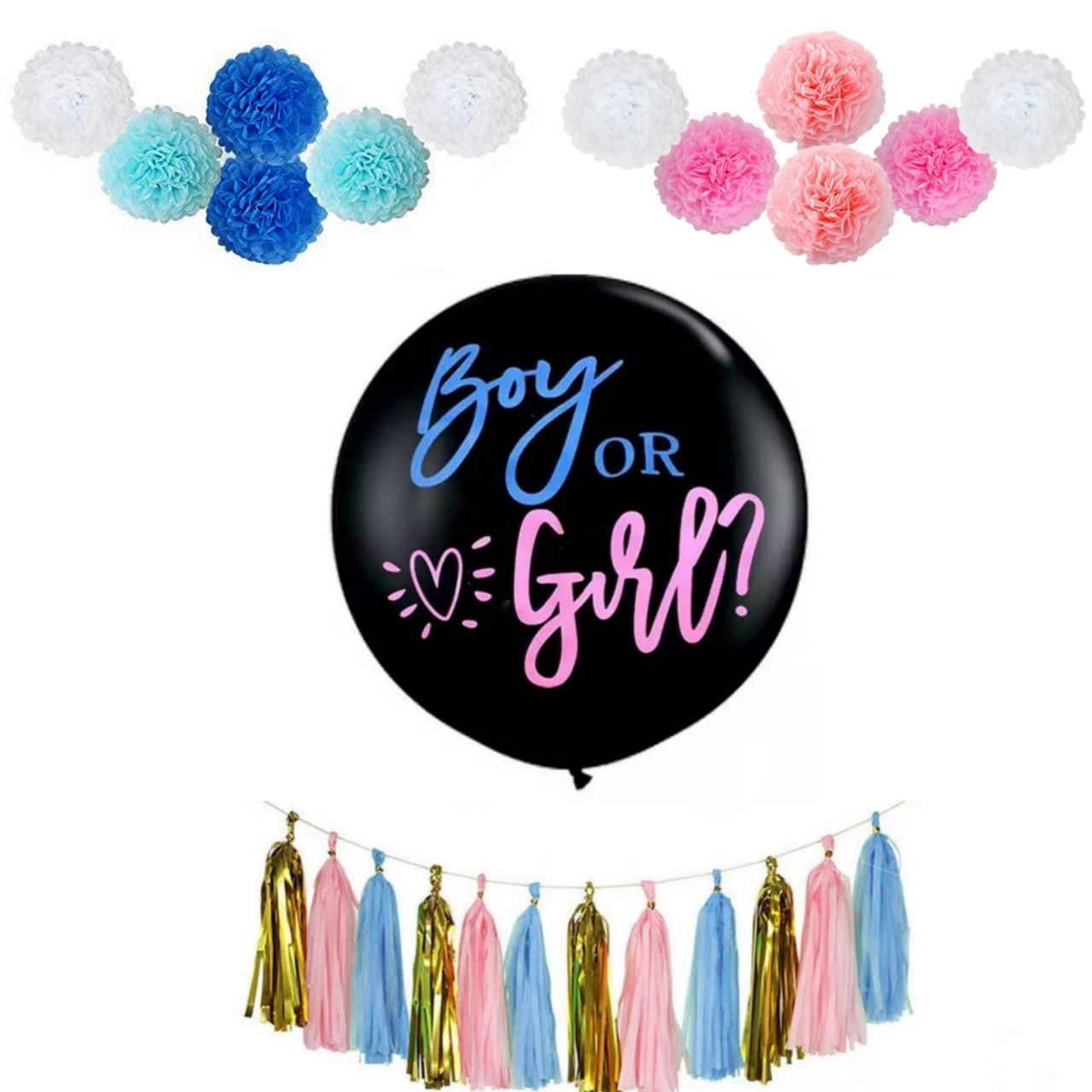 Набір із кульок на Гендерну вечірку | Boy or Girl з помпонами та тассел