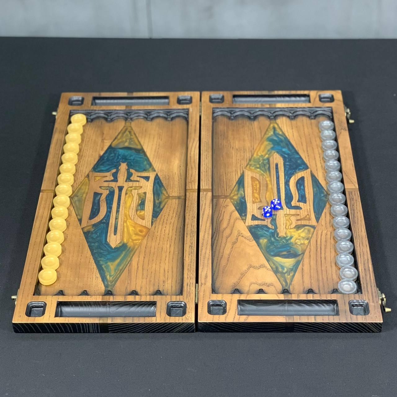 Нарди дерев'яні подарункові 48х24 см з голубої епоксидної смоли, фото 1