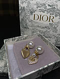 Сережки-сердечка Діор з перлами та розсипом цирконію, позолота 18 К, фото 3