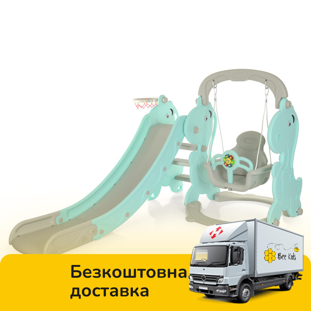 Гірка з гойдалкою Bambi YG2020-2-4 та баскетбольним кільцем Сіро-м'ятний (Ш120-г175-в106см), фото 1