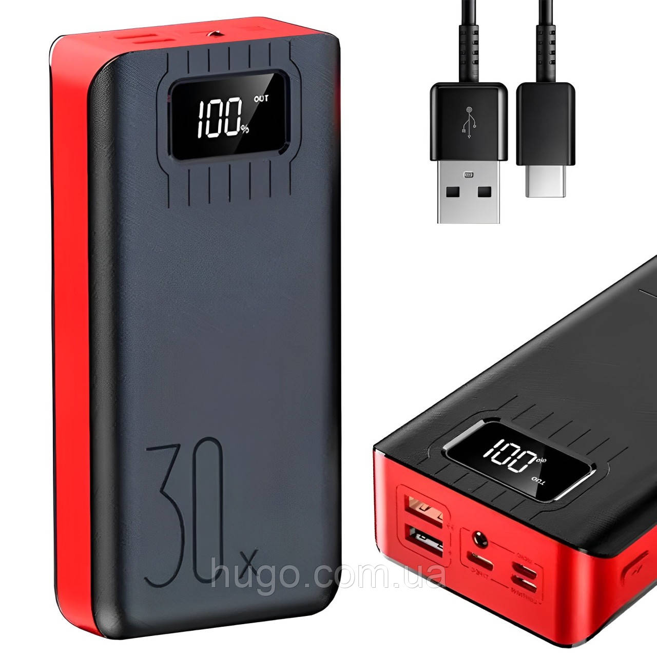 Повербанк 30000mah, 2хUSB, Type-C, Lighting, KL112, Червоний / Powerbank / Повербанк з ліхтариком, фото 1