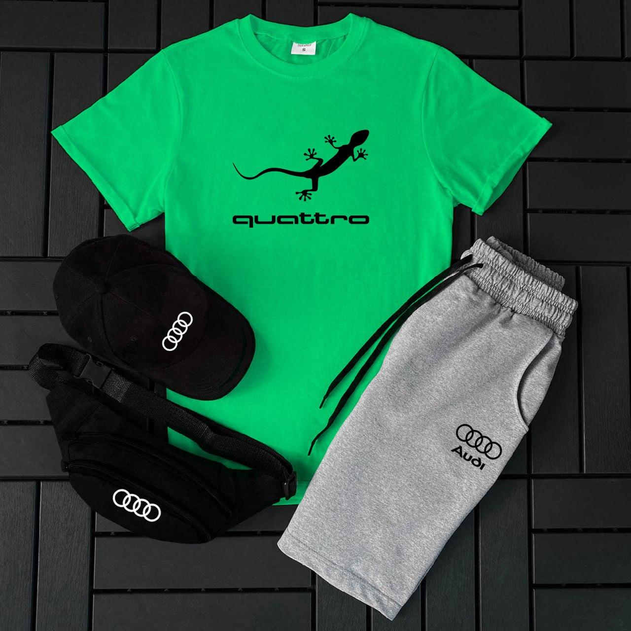 Костюм чоловічий audi quattro футболка шорти бананка бейсболка спортивний костюм ауді чорно-зелений, фото 1