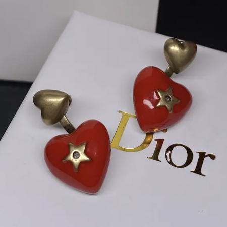 Сережки-серця Діор у червоному кольорі, позолота 18 К