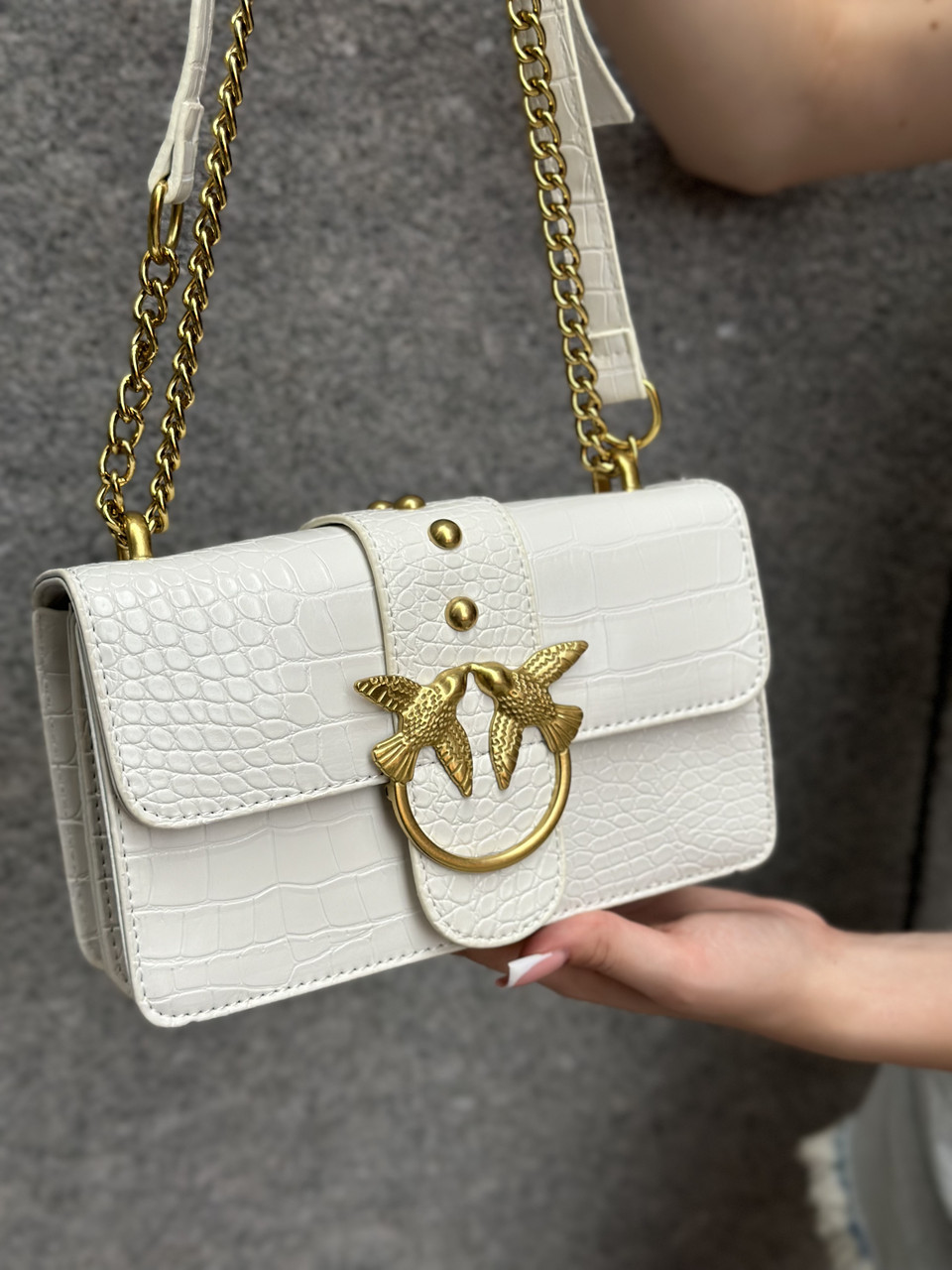 Жіноча сумка рептилія крос-боді з пташками біла, фото 1