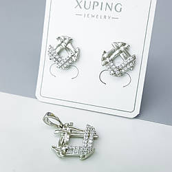 Набір "Ромбіки" з розсипом цирконію, сережки цвяшки, медичне золото Xuping, родій