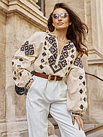 Блуза вышиванка бежевая размеры С-3ХЛ,Турция