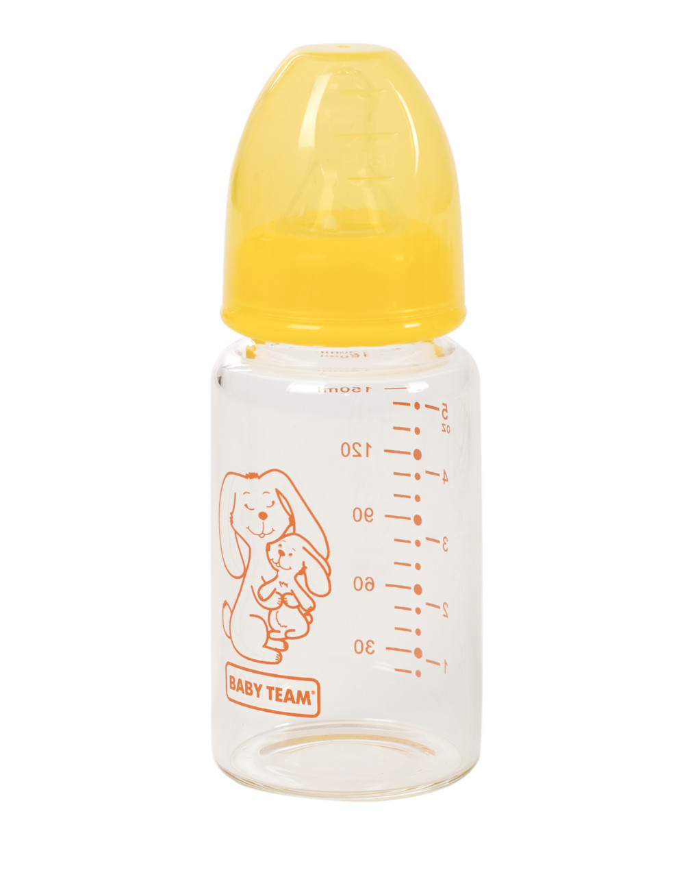 Пляшечка для годування скляна з силіконовою соскою 0+ Baby team 150 мл Жовтий