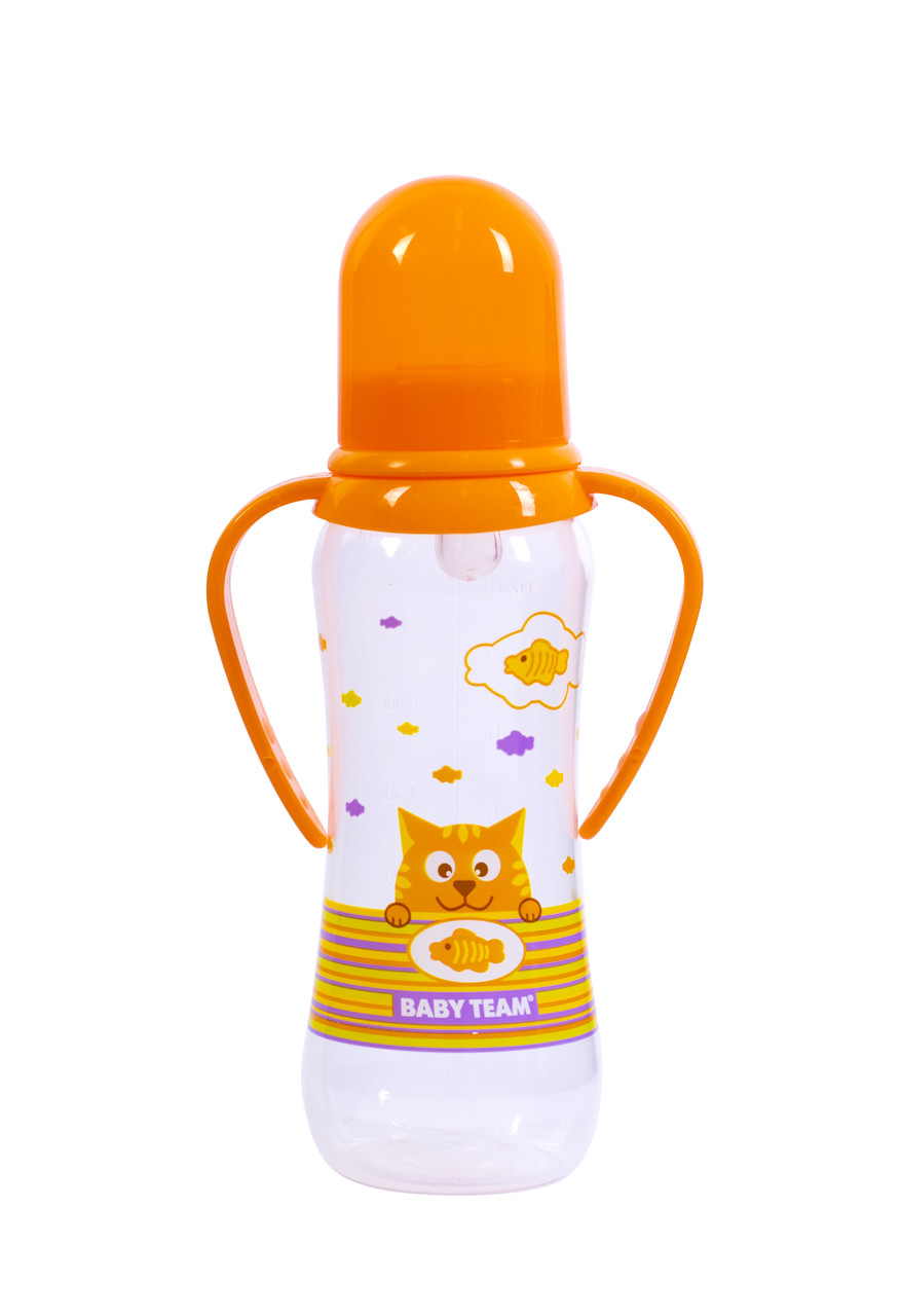 Пляшечка для годування з силіконовою соскою та ручками 0+ Baby team 250 мл Помаранчевий