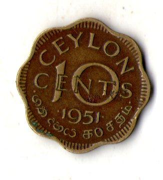 Цейлон — Британський ≥ Король Георг VI 10 центив 1951 No777, фото 1