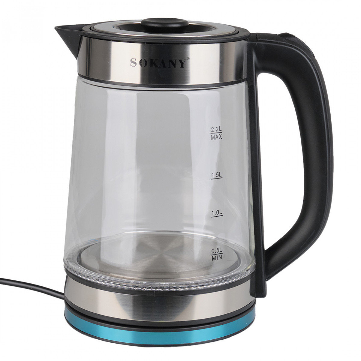 Електрочайник 2.2 літра скляний з підсвічуванням безшумний 2000 Вт електро чайник прозорий Sokany