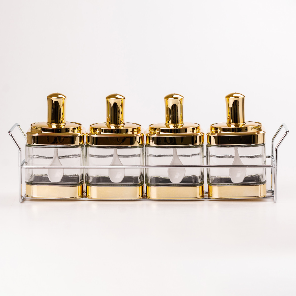 Банки для сипучих продуктів набір з 4 шт скляні ємності для зберігання з ложкою на металевій підставці, фото 1