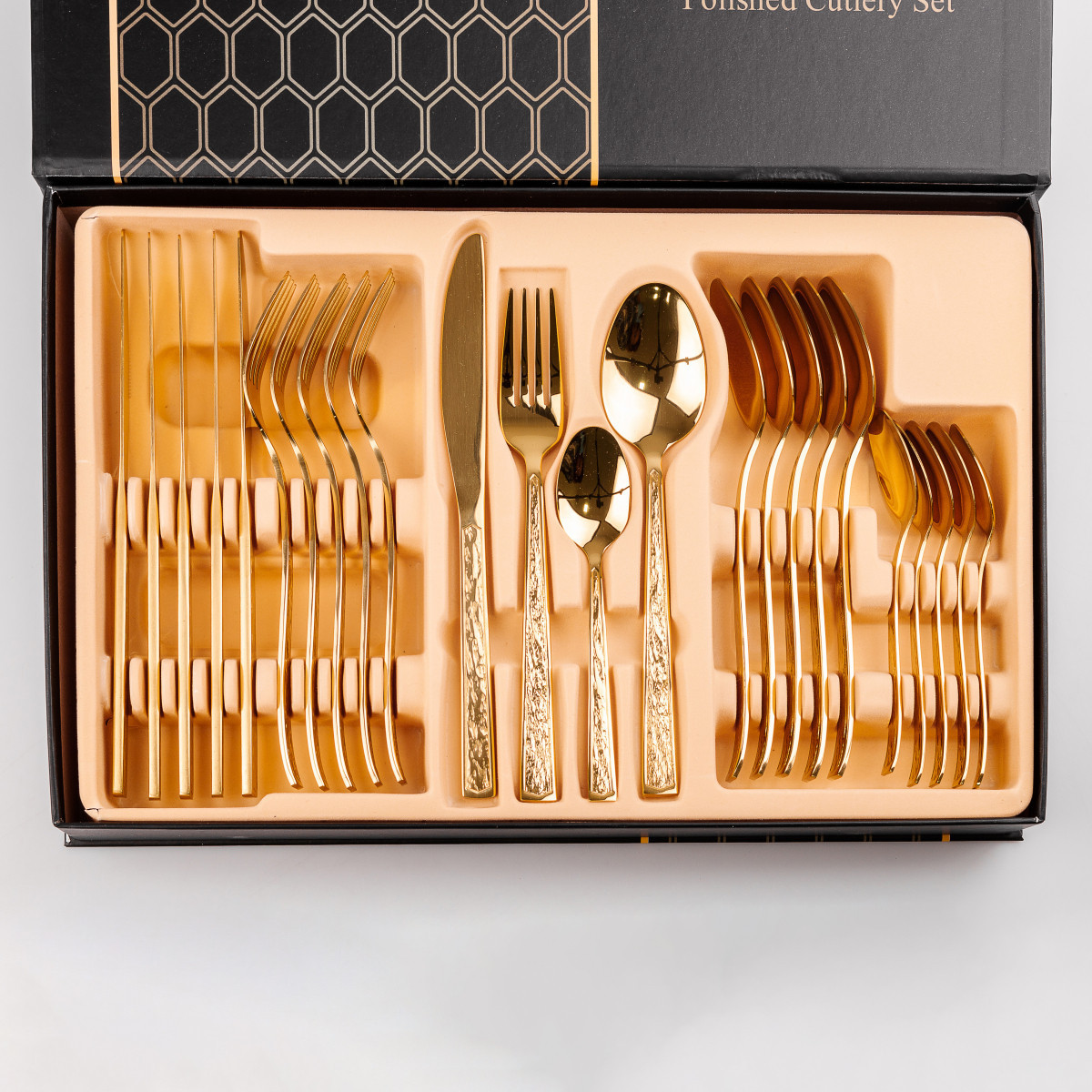 Набір столових приборів із нержавіючої сталі в золотому кольорі на 6 персон 24 штуки, фото 1
