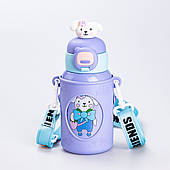 Термос поїльник з трубочкою з ремінцем та силіконовим чохлом дитячий 450 (мл) Фіолетовий
