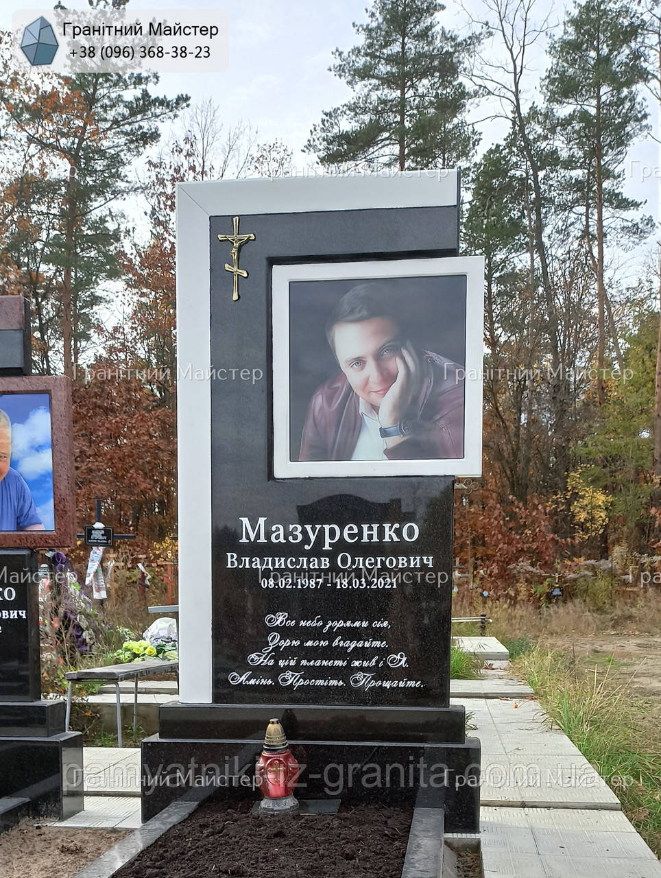 Чоловічий чорно-білий пам'ятник із граніту та мармуру № 691