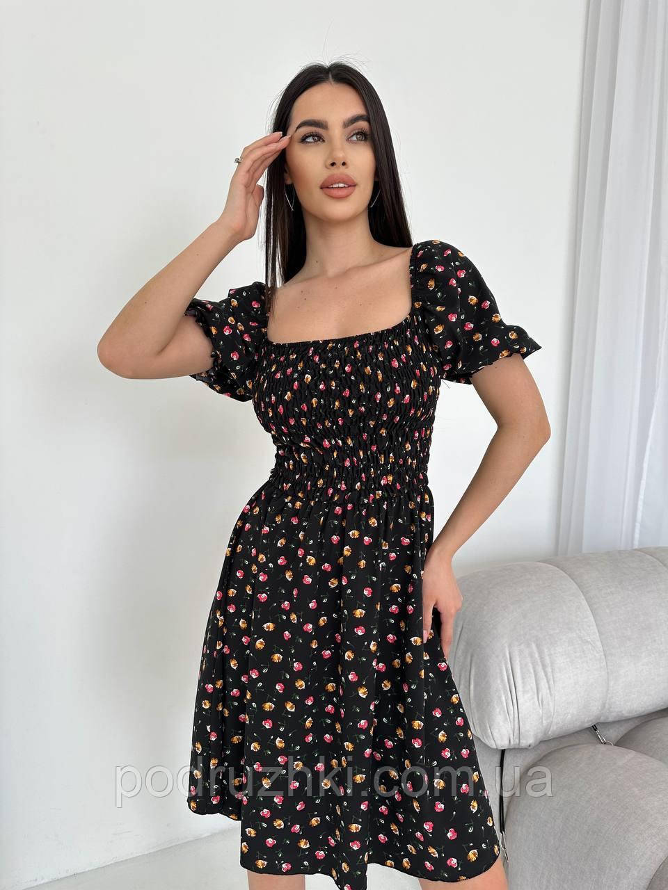 Ніжна жіноча сукня міді з гумкою по грудях Тканина софт принт Розмір 42-46,48-52, фото 1