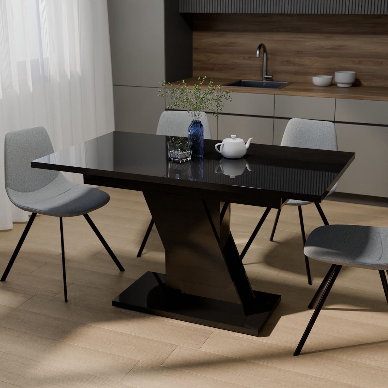 Обідній розсувний стіл ТРІОН МДФ Neman, колір чорний глянець