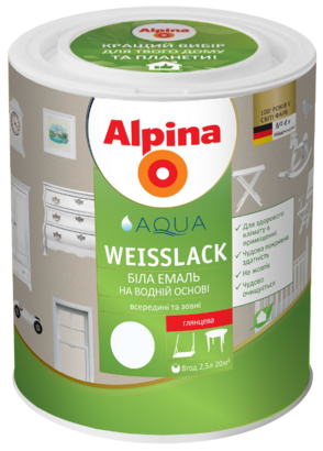 Емаль універсальна посилений поліуретаном для дерева і металу Alpina Weisslack, 2,5 кг