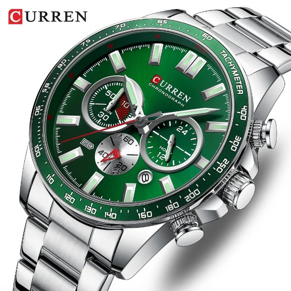 Чоловічий кварцовий годинник Curren 8418 Silver-Green з календарем та секундоміром