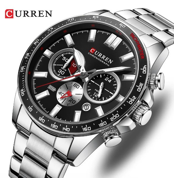 Чоловічий кварцовий годинник Curren 8418 Silver-Black з календарем та секундоміром