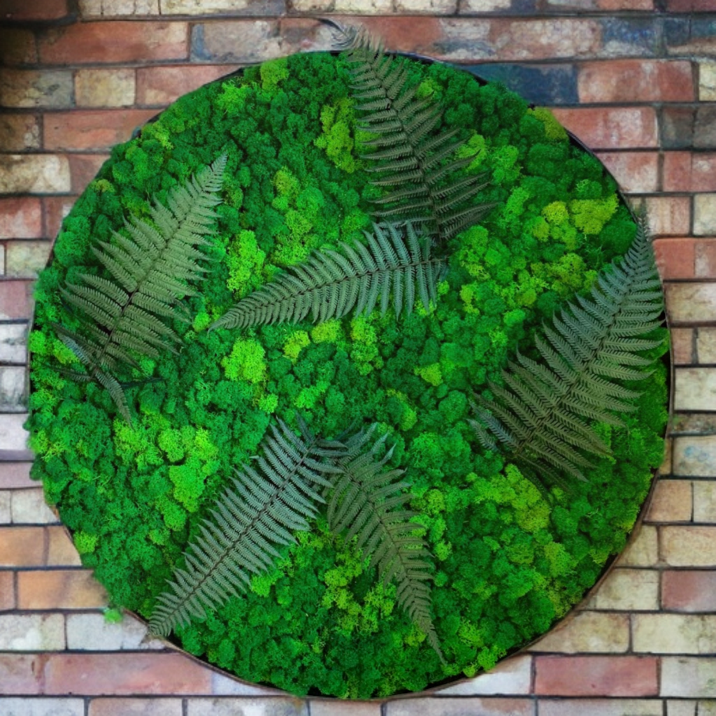 Кругле панно із мохом та папороттю в металевій рамці, фото 1