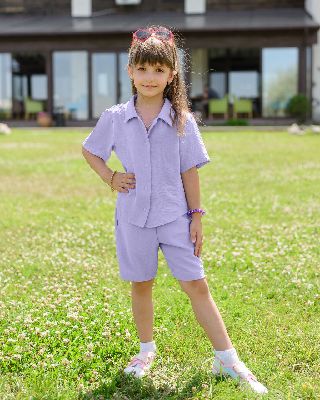Костюм дитячий з креп жатки рубашка та шорти Бузковий, фото 1