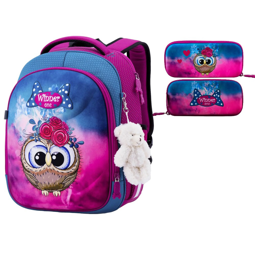 Каркасний шкільний рюкзак + пенал/ Ранець SkyName для першого класу дівчаткам/ Ортопедичний портфель рожевий з совою в школу, фото 1