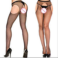 Колготки у дрібну сіточку з доступом чорні, відкриті стегна (р.S-XL)