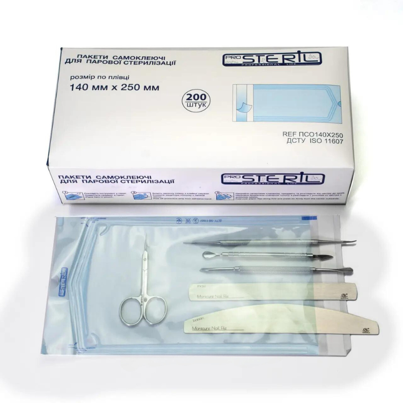 Пакети для стерилізації парою ProSteril, 140*250 СS, комбіновані прозорі (200шт/уп), фото 1