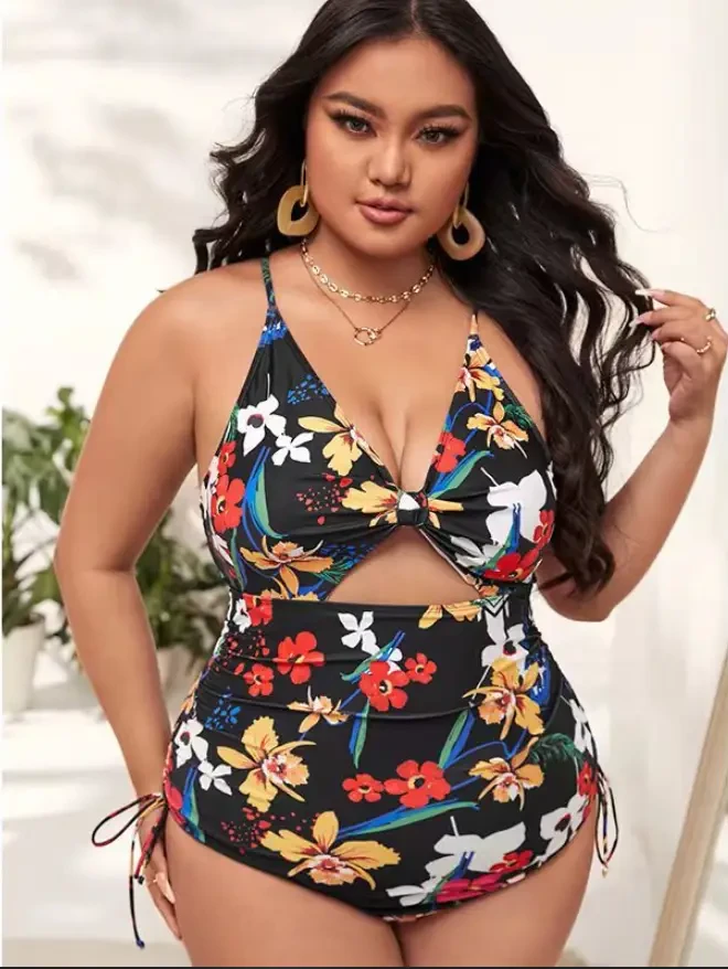Суцільний купальник із квітковим принтом ліф із чашками та зав'язками з боків, фото 1