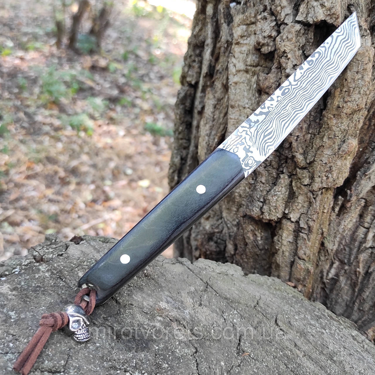 Ніж нескладний Damascus Tanto с з намистом череп