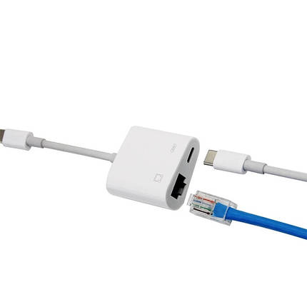 Переходник адаптер USB Type-C - RJ45 LAN Ethernet + PD, White, фото 1
