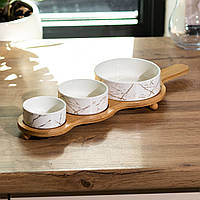 Менажниця з ручкою 3 секційна 40 (см) набір керамічних піал на дерев'яній підставці 3 шт для закусок