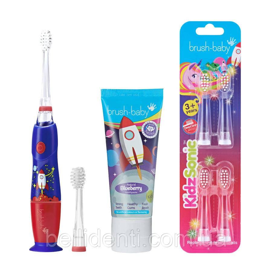 Набір Brush-Baby KidzSonic від 3 до 12 років (електрична щітка, зубна паста, запасні насадки), ракета