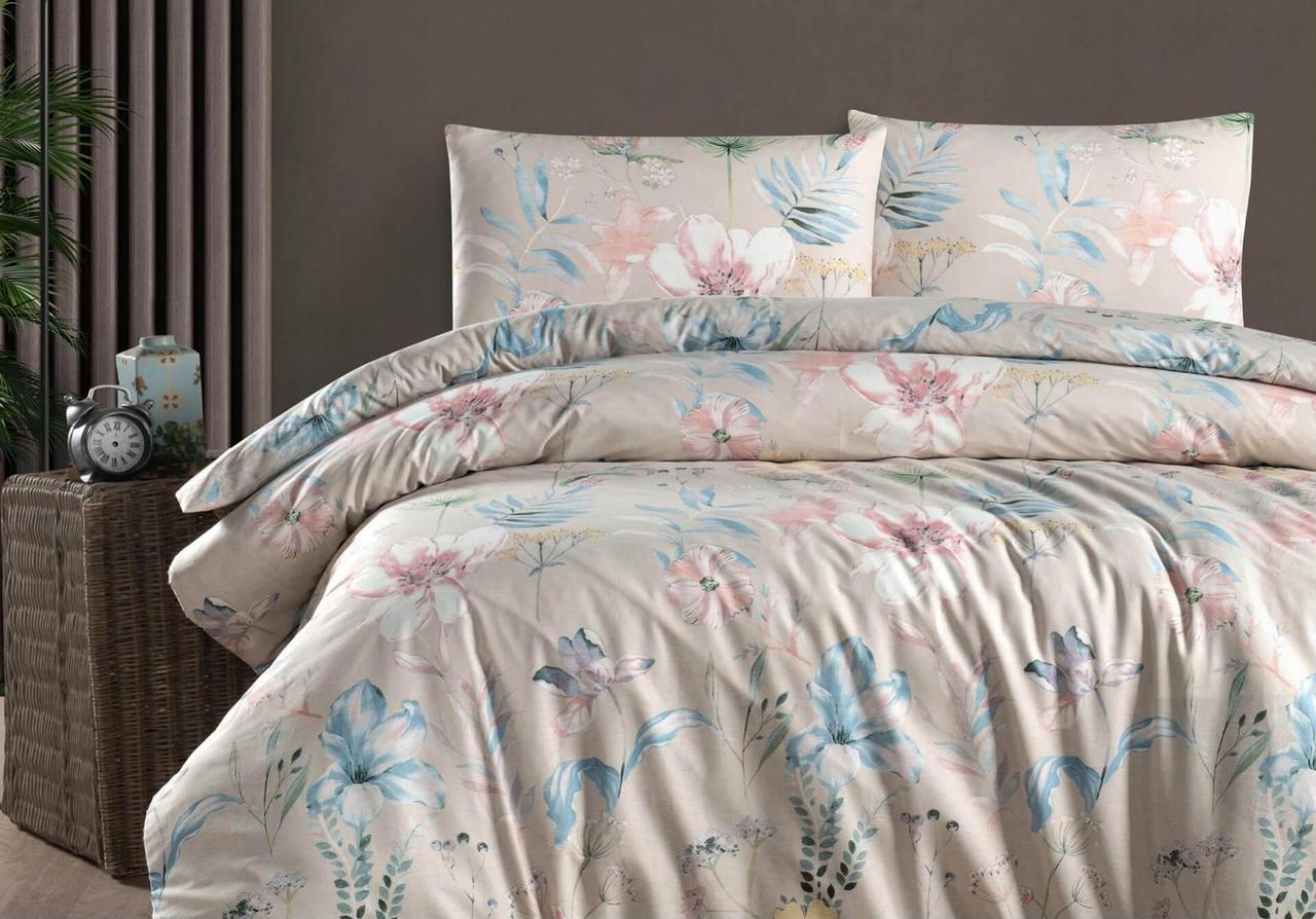 Односпальний комплект First Choice Homesko Amaris Beige Ранфорс простирадло на резинці, фото 1