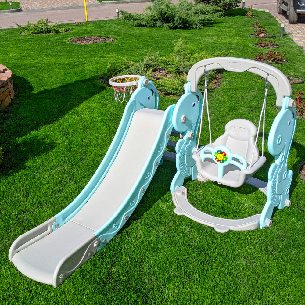 Дитячий ігровий комплекс Bambi 3в1 сіро/бірюзовий (гірка-гойдалка-баскетбол), фото 1