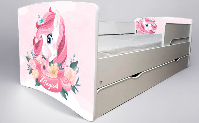 Ліжко для дівчинки Єдиноріг Unicorn з шухлядою на ламелях, захисний бортик