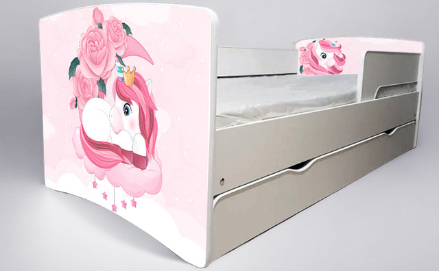 Ліжко для дівчинки Єдиноріг Unicorn з шухлядою на ламелях, захисний бортик