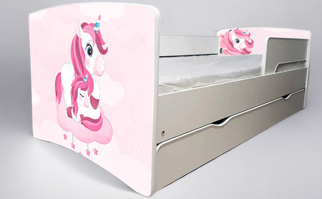 Ліжко для дівчинки Єдиноріг Unicorn з шухлядою на ламелях, захисний бортик