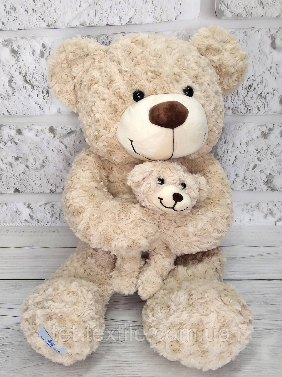 М'яка іграшка з пледом усередині Colorful Home Ведмедик плюшевий з дитинкою молочний 65 см
