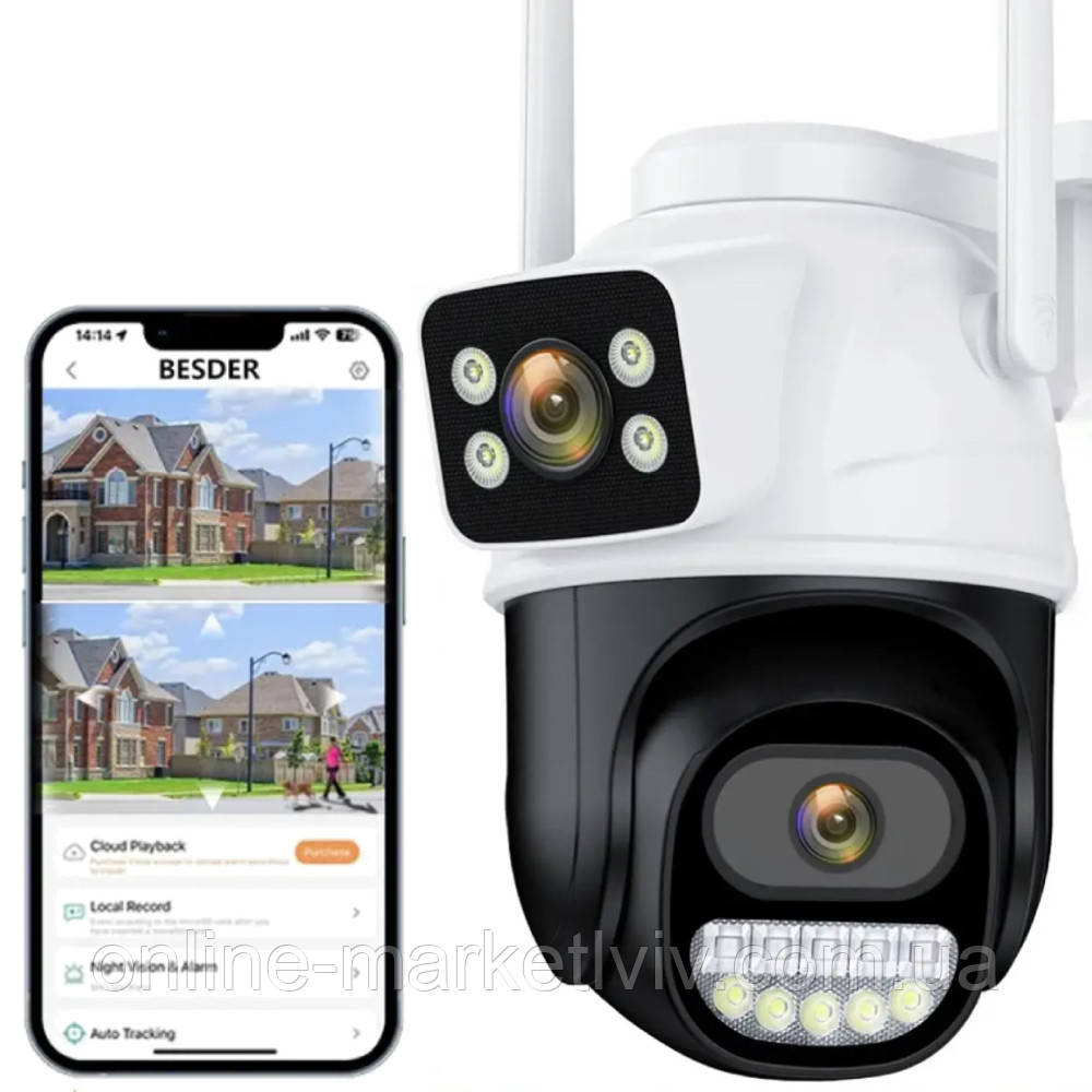 Камера відеоспостереження з 2 камерами, 8MP+4MP / Вулична WiFi камера зовнішнього спостереження з датчиком руху