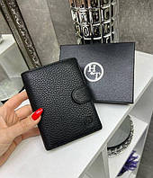 Чоловічий шкіряний гаманець портмоне з відділом для паспорту чорний натуральна шкіра