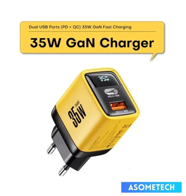 Мережевий зарядний пристрій ASOMETECH 35 W GaN TypeC USB LED-дисплей PD3.0+QC3.0 Yellow (CH009-H01)