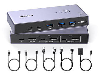 KVM-перемикач Ugreen з 4 портами USB 3.0 3 USB-A + 1 USB-C HDMI 8K Grey (CM692)