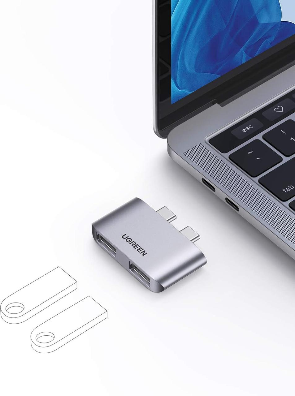 USB-хаб розгалужувач Ugreen HUSB C Hub на 2 порти USB 3.1 10 Гбіт/с Grey (CM413)
