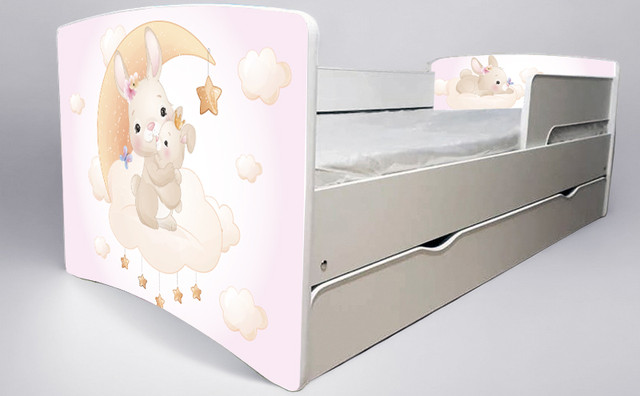 Ліжко для дівчинки Зайка bunny з шухлядою на ламелях, захисний бортик