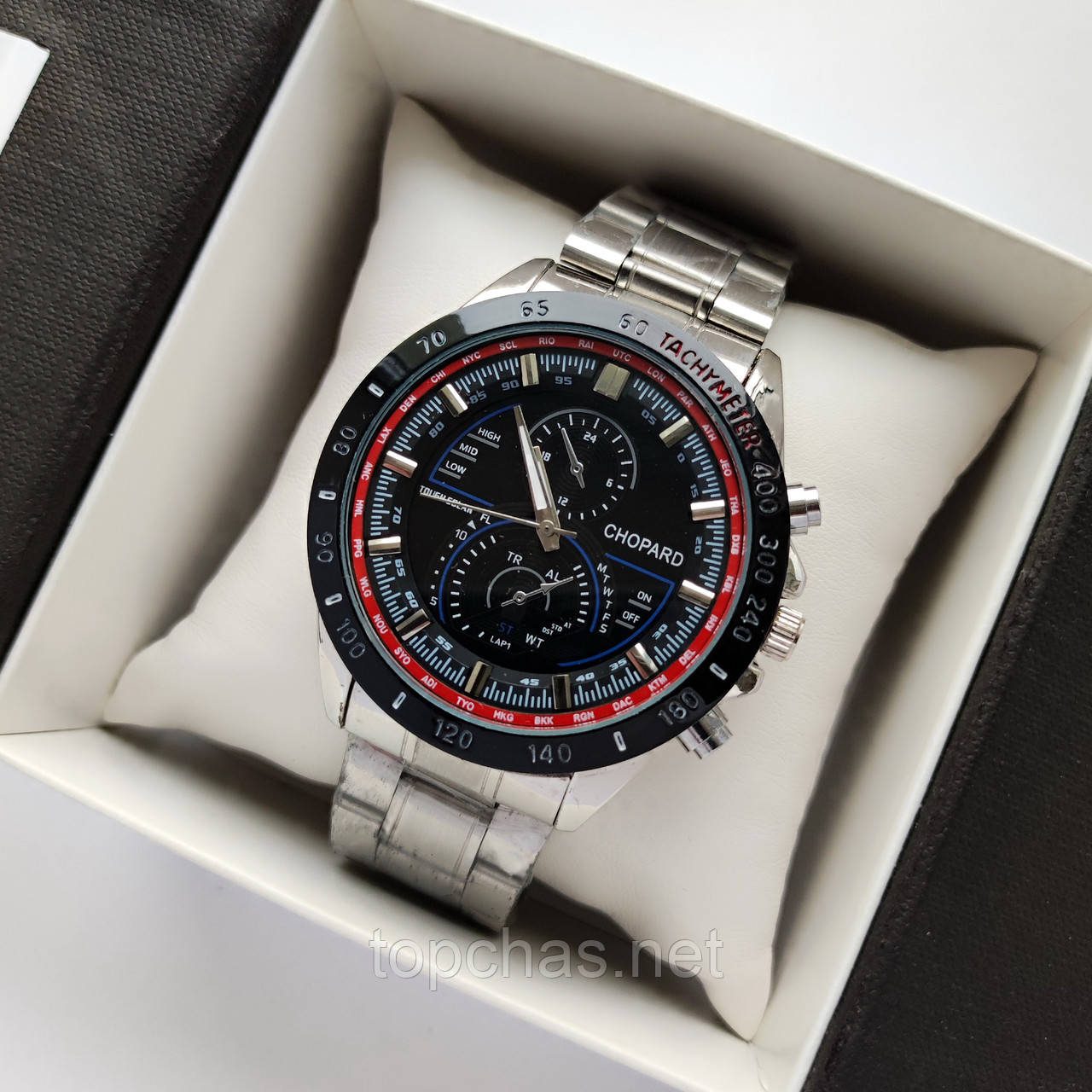 Чоловічий наручний годинник Chopard (Чопард) сріблястий з чорним циферблатом, металевий браслет, код - 2435